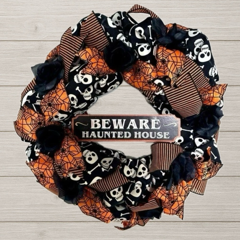 Skeleton Beware Haunted House Wreath 24”